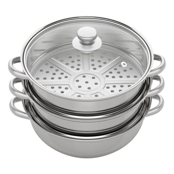 3 Tier Thick-bottomed Stainless Steel Steamer Pot Food Steamer, 11-inch Pot with Tempered Glass Lid Cooking Multipurpose Cookware for Vegetable, tamale,Dumpling, egg, Sauce, Food