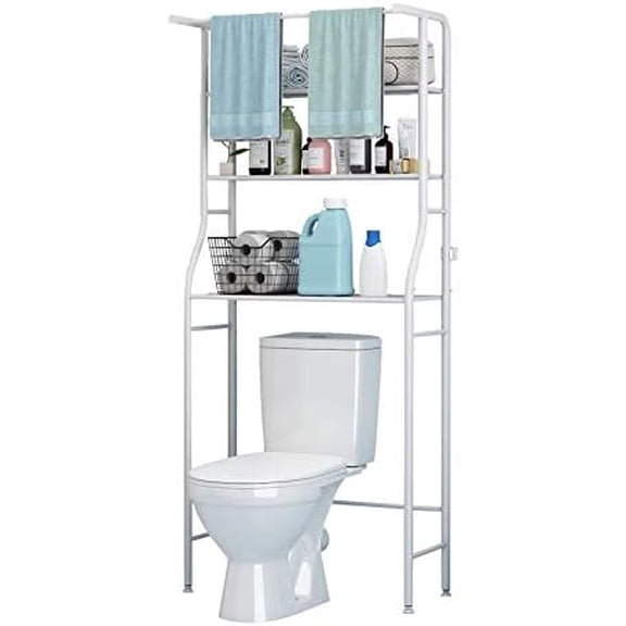 3-Tier Over The Toilet Rack,Bathroom Shelf Space Saver,Corner Stand Storage Organizer Accessories,The Washing Machine,with Hanging Rod,Tower Shelf,White