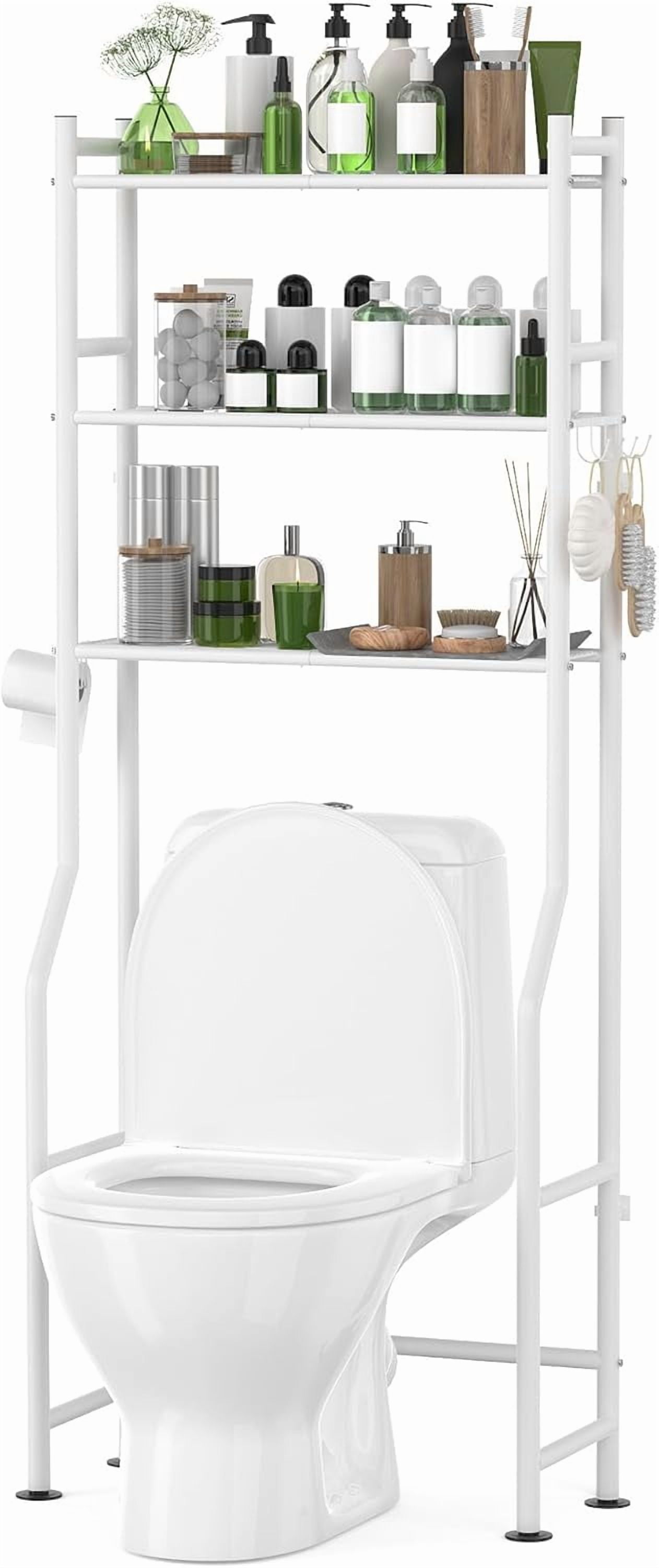 3-Tier Over The Toilet Storage with Paper Holder, Metal Bathroom Organizers and Storage for Small Space, Freestanding Bathroom Shelves with 4 Hooks, Above The Toilet Storage Shelf, White，Bathroom Org