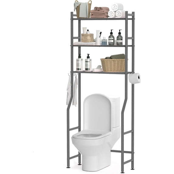 3 Tier Over The Toilet Storage Rack with 2 Basket, Metal Freestanding Bathroom Shelves Toilet with Paper Holder and 4 Hooks, Over Toilet Storage Shelf for Bathroom Storage, Snow Black