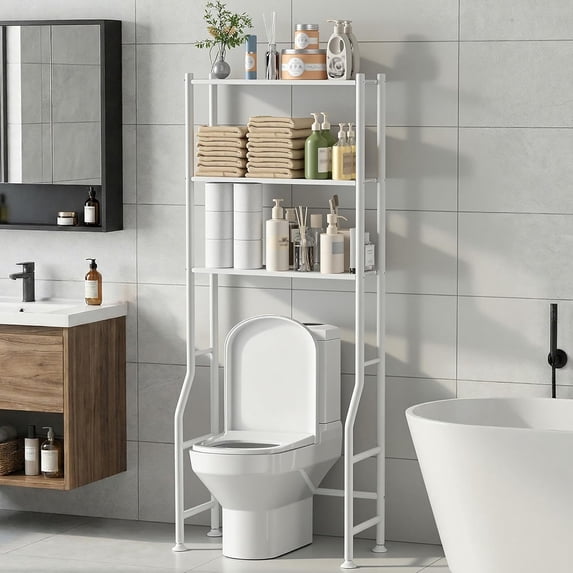 3-Tier Over Toilet Storage Rack, Metal Over Toilet Bathroom Organizer Shelf, Freestanding Space Saver Storage Shelves for Bathroom/Laundry/Living Room (White)