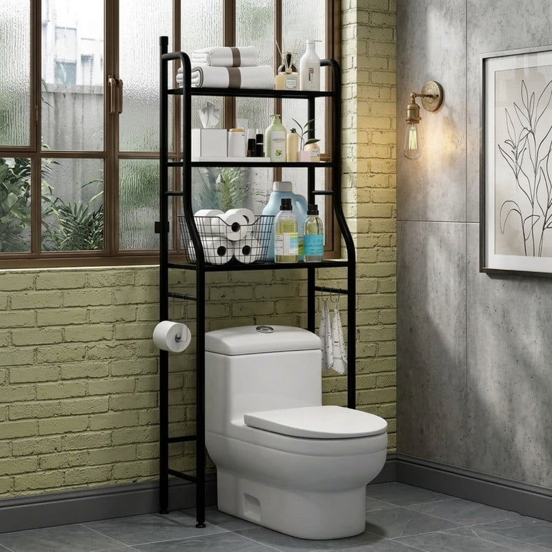3-Tier Over the Toilet Storage Shelf with Adjustable Foot Pads, Anti-Tilt Metal Bathroom Organizer with Paper Holder & 4 Hooks, No Drill Space Saving Toilet Rack
