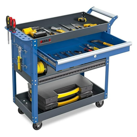 3 Tier Tool Cart,440 LBS Capacity Rolling Tool Cart with Drawers,Heavy Duty Industrial Service Cart on Wheels with Pegboard for Mechanics,Garage,Warehouse,Workshop,Blue