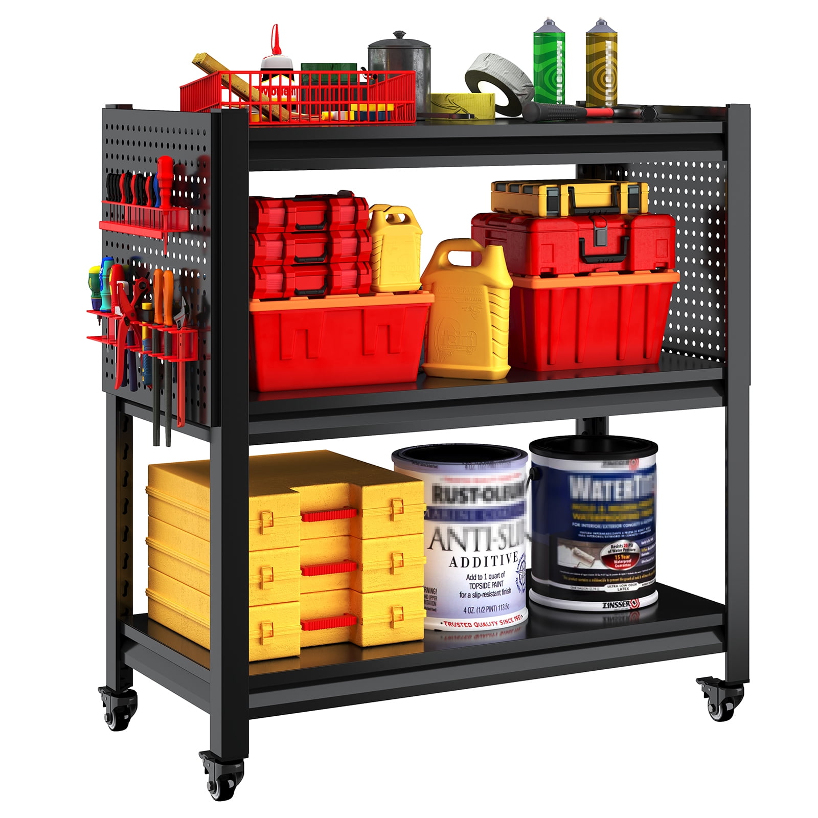 3 Tier Tool Cart on Wheels, Heavy Duty Metal Service Cart with Pegboards, 660 LBS Load Capacity Tool Utility Cart, Industrial Utility for Garage, Warehouse, Workshop