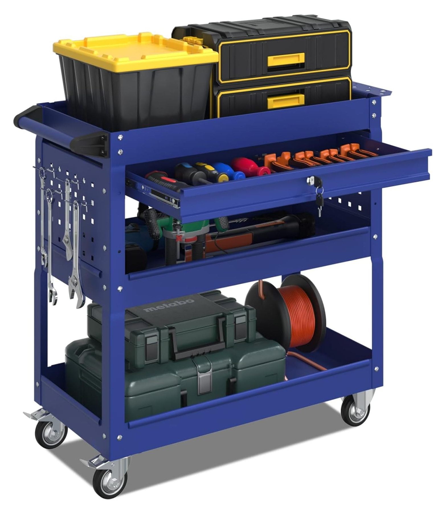 XCX 3-Tier Rolling Tool Cart - 660LB Capacity, Heavy Duty Steel With Pegboard, Locking Casters
