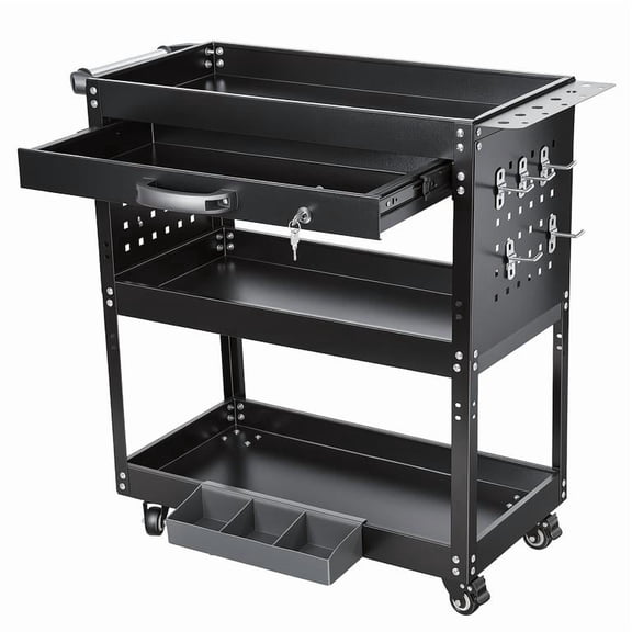 3 Tier Tool Trolley with Drawer, Rolling Workshop Cart, 331LB Weight Capacity, Lockable Casters, Cold Rolled Steel, for Auto Repair, 31 x 14 x 31 Inch