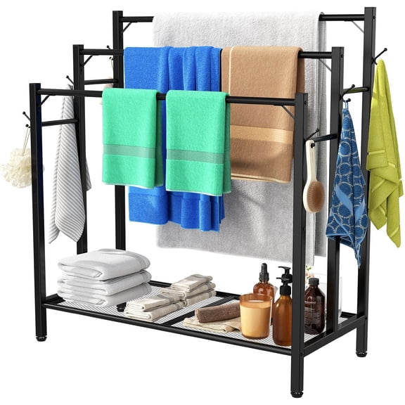 3 Tier Towel Rack with Large Storage & 6 Hooks, Blanket Rack for Oversized Bath Towels, Free Standing Pool Towel Rack Stand for Bathroom Pool Indoor/Outdoor, 35.8" H x 31.5" L x 11.8" W