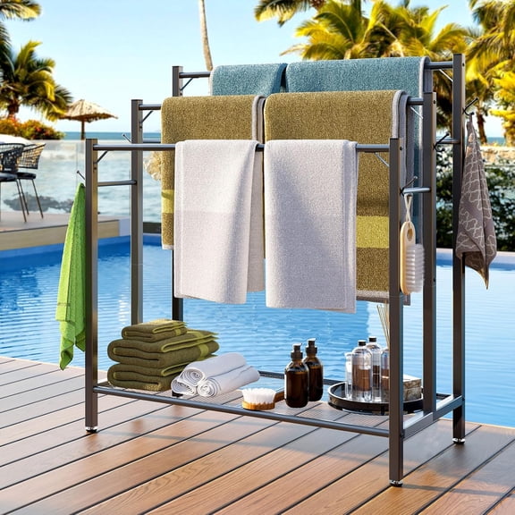 3 Tier Towel Rack with Large Storage & 6 Hooks for Oversized Bath Towels