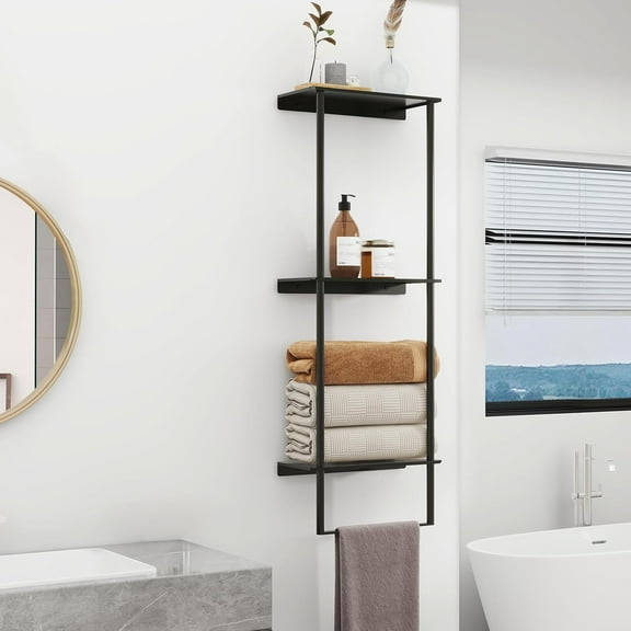 3 Tier Towel Rack with Shelf and Towel , Wall Mounted Bathroom Organizer - Matte Black