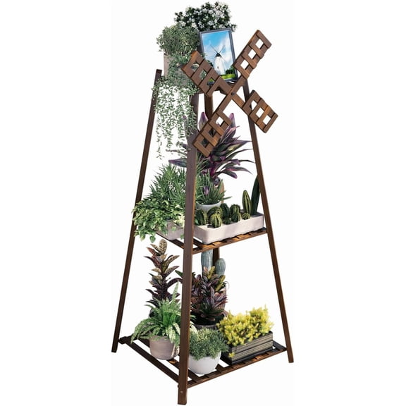 3-Tier Tower Plant Stand Display Rack with Windmill Top,Bamboo Vintage Flower Pot Holder Shelf for Patio Balcony Decoration