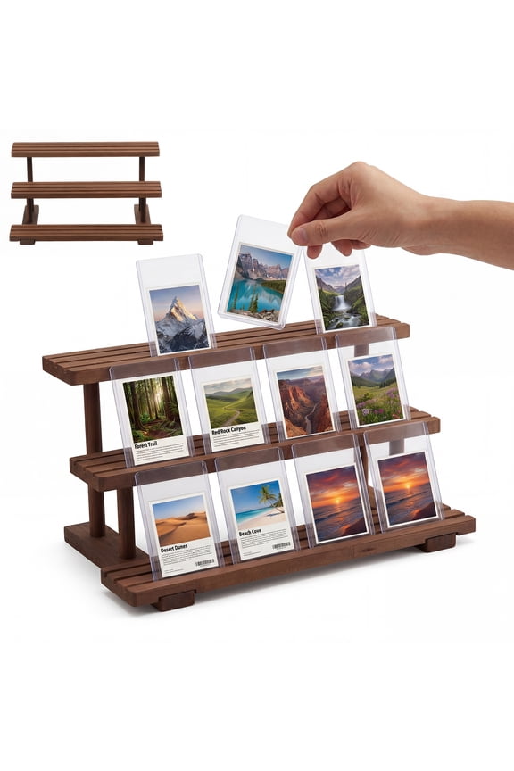 3-Tier Trading Card Display Stand, Wooden & Metal Card Slab Holder for PSA, CGC, BGS Graded Cards, Desktop Showcase Rack for Collectors