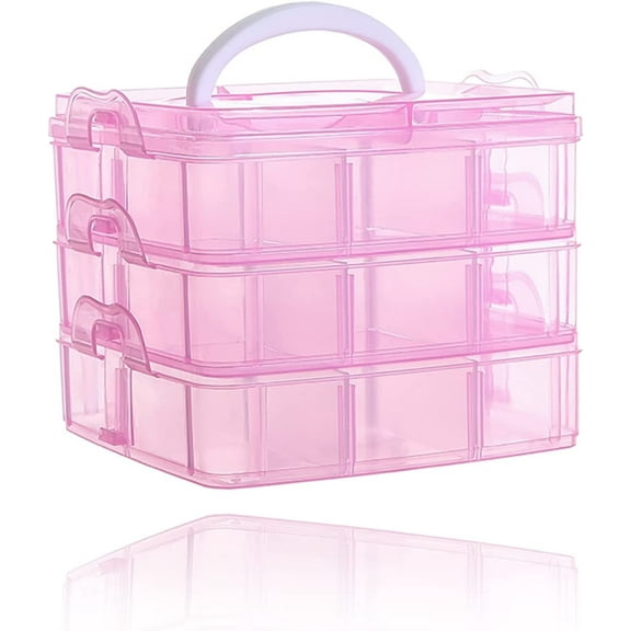 3 Tier Transparent Plastic Stackable Storage Box - Adjustable Compartment Slots - Max 18 Compartments - Container for Storing & Organising Toys, Arts & Crafts, Jewellery, Beads, Tools, Pink