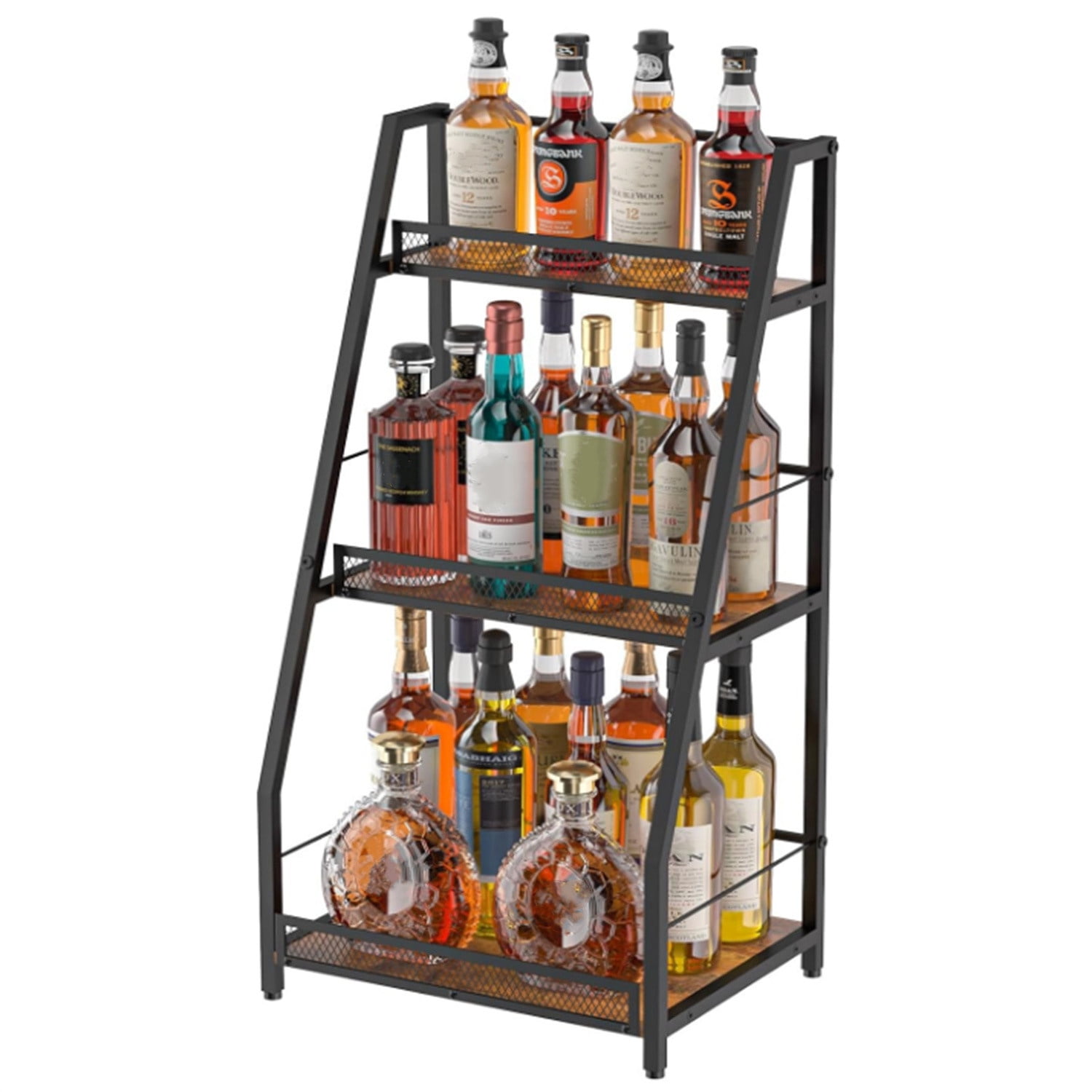 3-Tier Trapezoid Liquor Stand for Home Bar, Stepped Wine Rack Freestanding Floor for Liquor Whiskey Wine, Versatile Corner Wine Bottle Display Stand with Fences