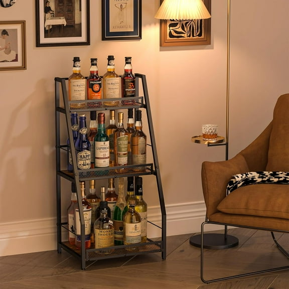 3-Tier Trapezoid Liquor Stand for Home , Stepped Wine Rack Freestanding Floor for Liquor Whiskey Wine, Vintage Brown