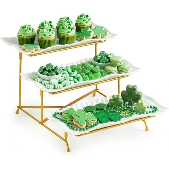 3 Tier Trays Stand, Porcelain Serving Trays Collapsible Sturdier Stand Serving Platters Dessert Table Display Set for Indoor Party, Entertaining, St. Patrick's Day, Gold, 12.2 Inch