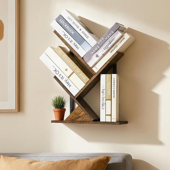 3-Tier Tree Book Shelves for Wall, Small Wall Mounted Shelves, Unique Hanging Bookshelf Storage Rack, Floating Bookshelves Organizer for Living Room, Office, Rustic Brown & Black