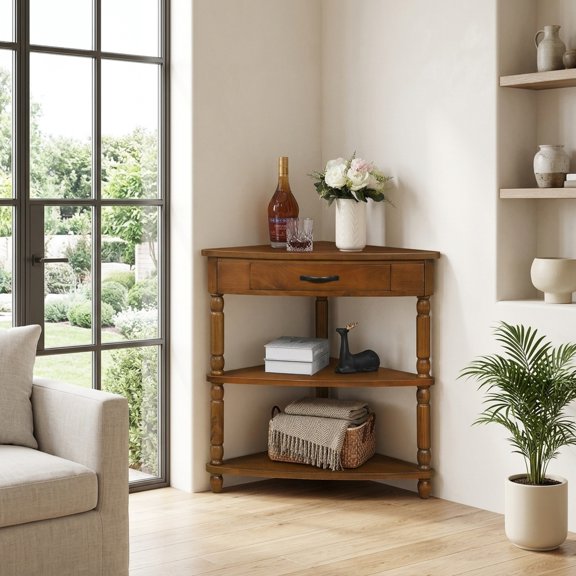 3-Tier Triangle Corner End Table with Solid Wood Legs and Waterproof Top - Brown