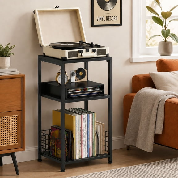 3-Tier Turntable Stand with Vinyl Storage for 100 Albums, CD/DVD Racks & End Side Table for Living Room