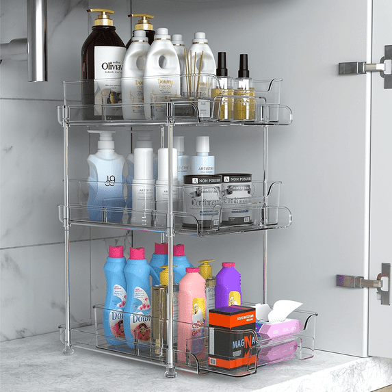 3 Tier Under Sink Organizer, Pantry Organizers and Storage with Divided Slide Out Storage Bins, Transparent, Acrylic