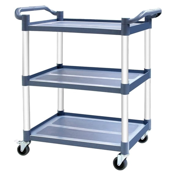 3 Tier Utility Cart, 420lbs Heavy Duty Rolling Cart, Lockable Wheels - Warehouse Kitchen Office, Plastic Bus Cart with Rubber Hammer, Grey
