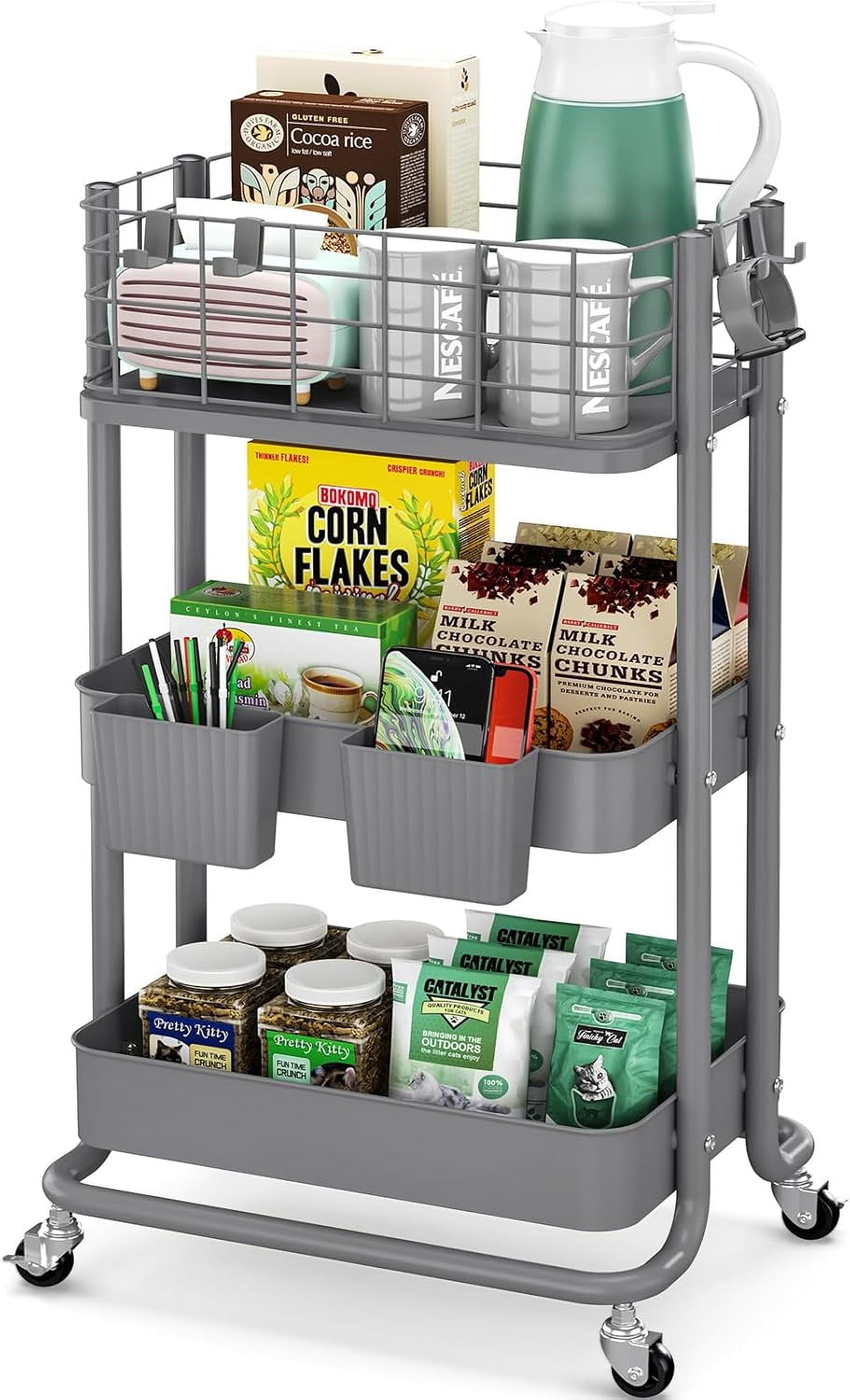 3 Tier Utility Cart, Metal Rolling Cart Organizer, Storage Cart on Wheels, Book Cart, Diaper Cart for Bathroom, Kitchen, Office, Bedroom, Gray