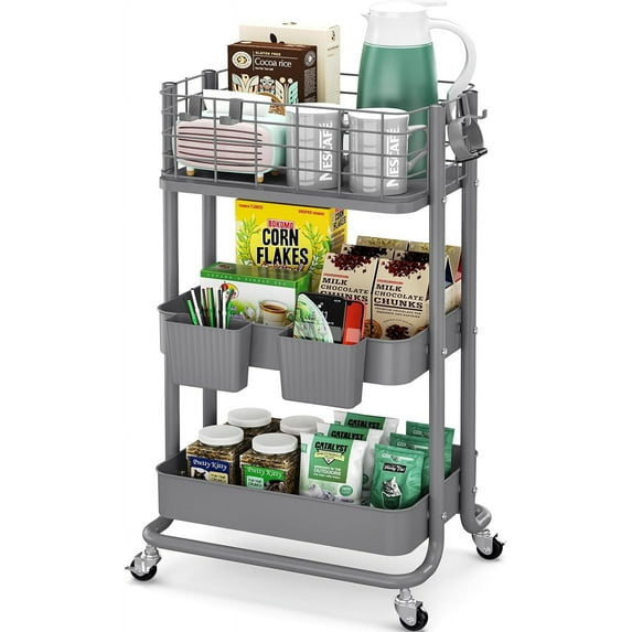 3 Tier Utility Cart, Metal Rolling Cart Organizer, Storage Cart on Wheels, Book Cart, Diaper Cart for Bathroom, Kitchen, Office, Bedroom, Gray