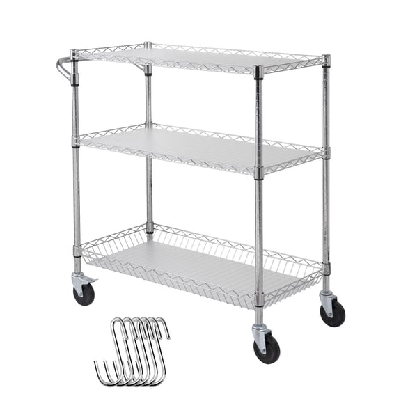 Kitchen Utility Cart, 3 Tiers, Wire Rolling Cart with 661LBS Capacity, Steel Service Cart on Wheels, Metal Storage Trolley with 80mm Basket Curved Handle PP Liner 6 Hooks, for Indoor and Outdoor