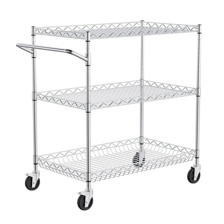 3-Tier Utility Cart with 6 Hooks, Rolling Storage Cart on Wheels, 30"x18"x32.4", 661 lbs Capacity for Home/Kitchen/Office