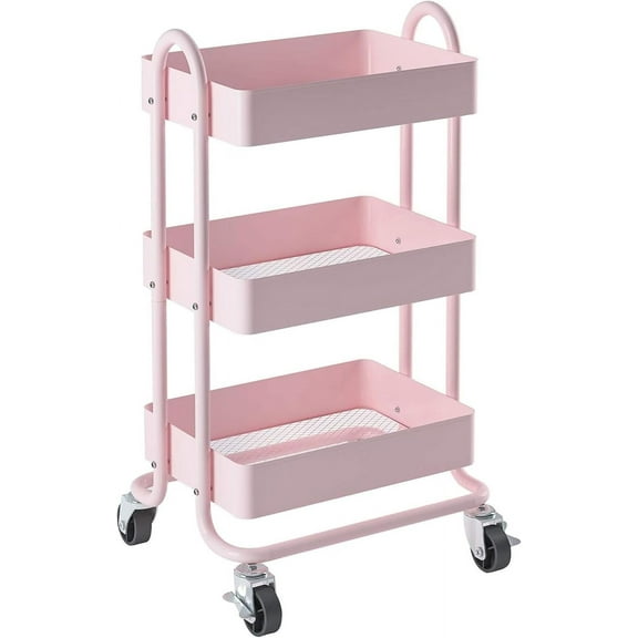 3-Tier Utility Rolling Cart,Kitchen Storage Carts with Wheels,Pink Metal Rolling Cart for Office,Home,Kitchen,Garden(13.4"x18.1"x31") Pink