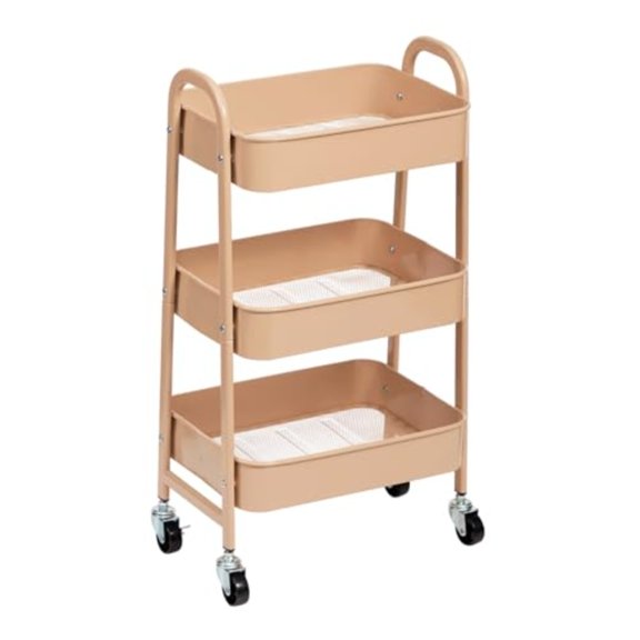 3 Tier Utility Rolling Cart with Lockable Wheels Metal Multifunctional Storage Organizer Cart for Kitchen Office Living Room Makeup Craft Art Studio Blush
