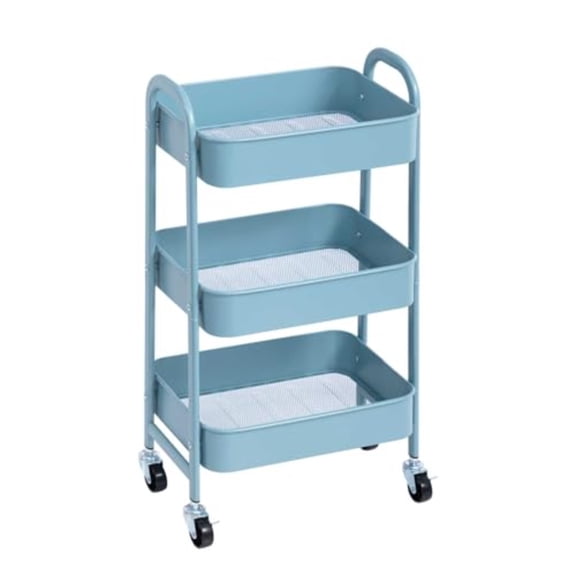 3 Tier Utility Rolling Cart with Lockable Wheels Metal Multifunctional Storage Organizer Cart for Kitchen Office Living Room Makeup Craft Art Studio Light Blue