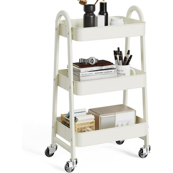 3 Tier Utility Rolling Cart, Metal Mobile Storage Shelf with Lockable Caster Wheels, Organization for Livingroom, Bathroom, Kitchen, & Narrow Places, White