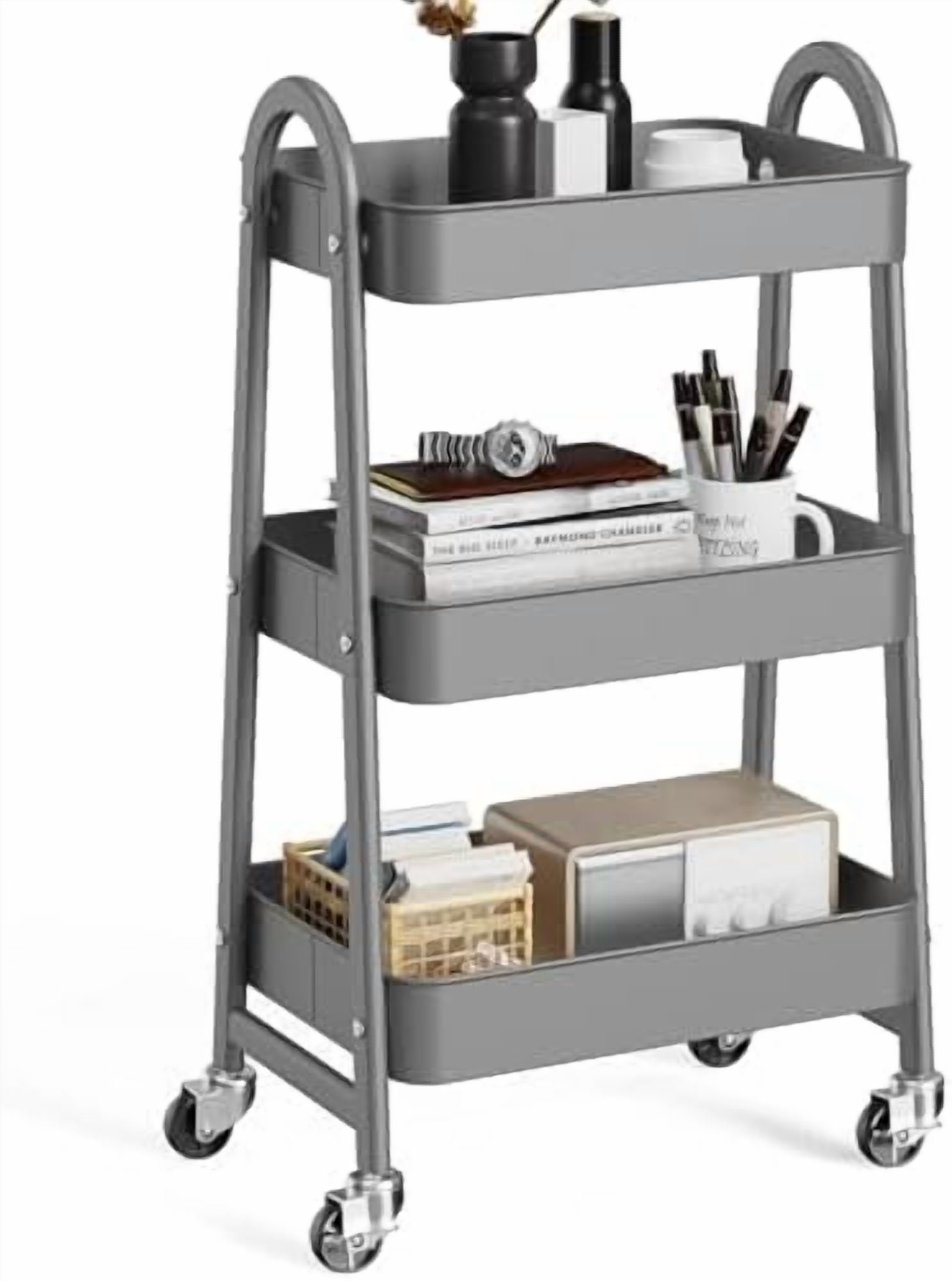 3 Tier Utility Rolling Cart, Metal Mobile Storage Shelf with Lockable ...