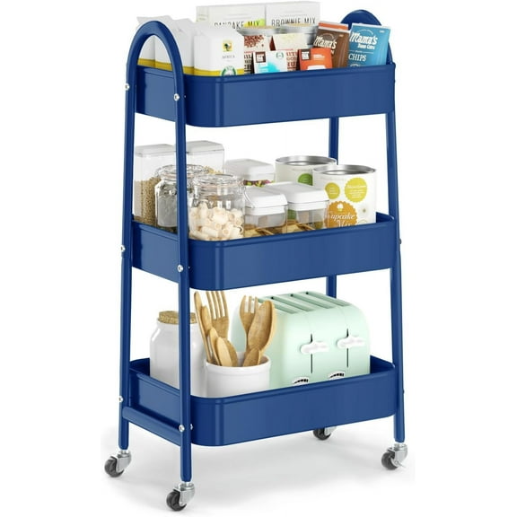 3 Tier Utility Rolling Cart, Metal Storage Cart with Handle and Lockable Wheels, Multifunctional Storage Organizer Trolley with Mesh Baskets for Kitchen, Living Room, Office, Garage (Indigo)