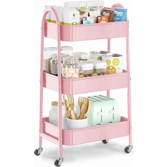 3 Tier Utility Rolling Cart, Metal Storage Cart with Handle and Lockable Wheels, Multifunctional Storage Organizer Trolley with Mesh Baskets for Kitchen, Living Room, Office, Garage (Pink)