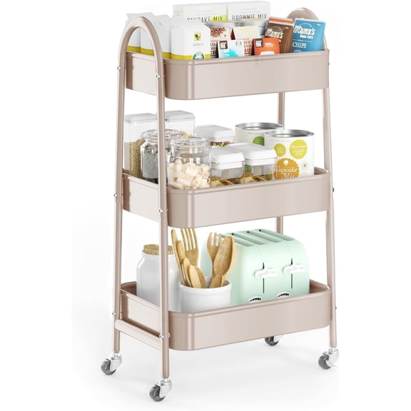Beige 3 Tier Utility Rolling Cart, Metal Storage Organizer with Lockable Wheels Mesh Baskets for Kitchen Office Garage