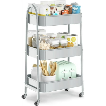 3 Tier Utility Rolling Cart, Metal Storage Cart with Handle and Lockable Wheels, Multifunctional Storage Organizer Trolley with Mesh Baskets for Kitchen, Living Room, Office, Garage (Grey)