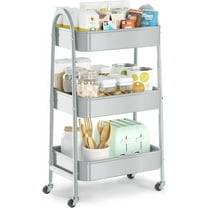 3 Tier Utility Rolling Cart, Metal Storage Cart with Handle and Lockable Wheels, Multifunctional Storage Organizer Trolley with Mesh Baskets for Kitchen, Living Room, Office, Garage (Grey)