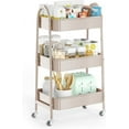 thumbnail image 1 of 3 Tier Utility Rolling Cart, Metal Storage Cart with Handle and Lockable Wheels, Multifunctional Storage Organizer Trolley with Mesh Baskets for Kitchen, Living Room, Office, Garage (Beige), 1 of 14