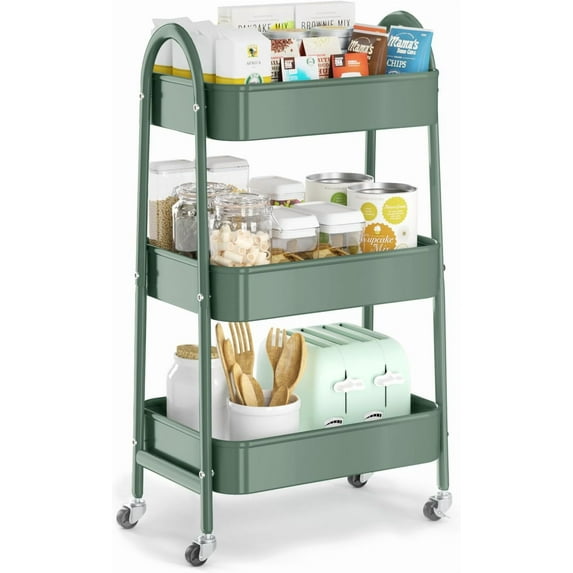 3 Tier Utility Rolling Cart, Metal Storage Cart with Handle and Lockable Wheels, Multifunctional Storage Organizer Trolley with Mesh Baskets for Kitchen, Living Room, Office, Garage (Jungle)
