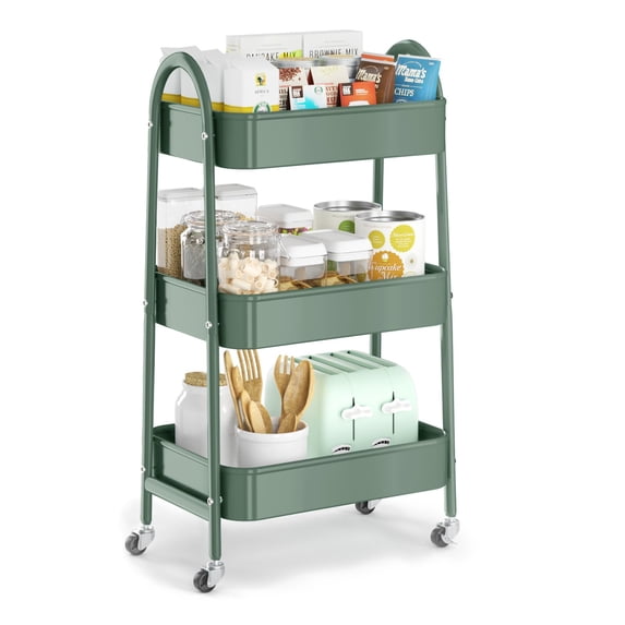 3 Tier Utility Rolling Cart, Metal Storage Cart with Handle and ...