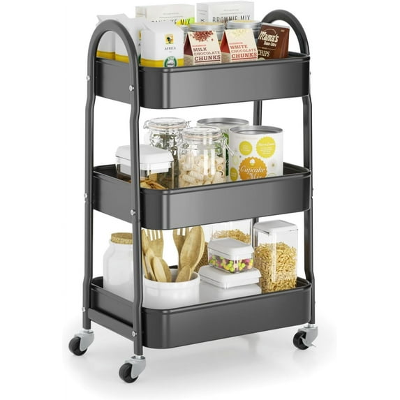 3 Tier Utility Rolling Cart, Metal Storage Cart with Handle and Lockable Wheels, Multifunctional Storage Organizer Trolley with Mesh Baskets for Kitchen, Living Room, Office, Garage (Black)