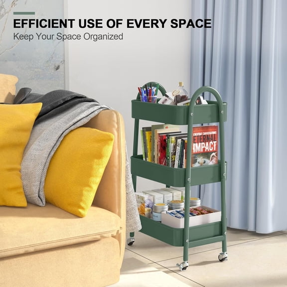 3 Tier Utility Rolling Cart, Metal Storage Cart with Handle and Lockable Wheels, Multifunctional Storage Organizer Trolley with Mesh Baskets for Kitchen, Living Room, Office, Garage (Jungle)
