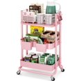 thumbnail image 1 of 3 Tier Utility Rolling Cart, Metal Storage Cart with Lockable Wheels, Multifunctional Storage Organizer Trolley with Mesh Baskets for Kitchen, Living Room, Office, Bathroom, Garage, Pink, 1 of 18