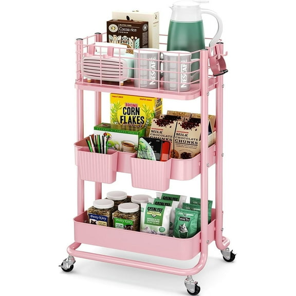 3 Tier Utility Rolling Cart, Metal Storage Cart with Lockable Wheels, Multifunctional Storage Organizer Trolley with Mesh Baskets for Kitchen, Living Room, Office, Bathroom, Garage, Pink