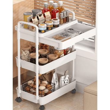 3-Tier Utility Rolling Cart,RLUETIME Mobile Utility Cart with Drawer,Makeup Organizer Cart, White