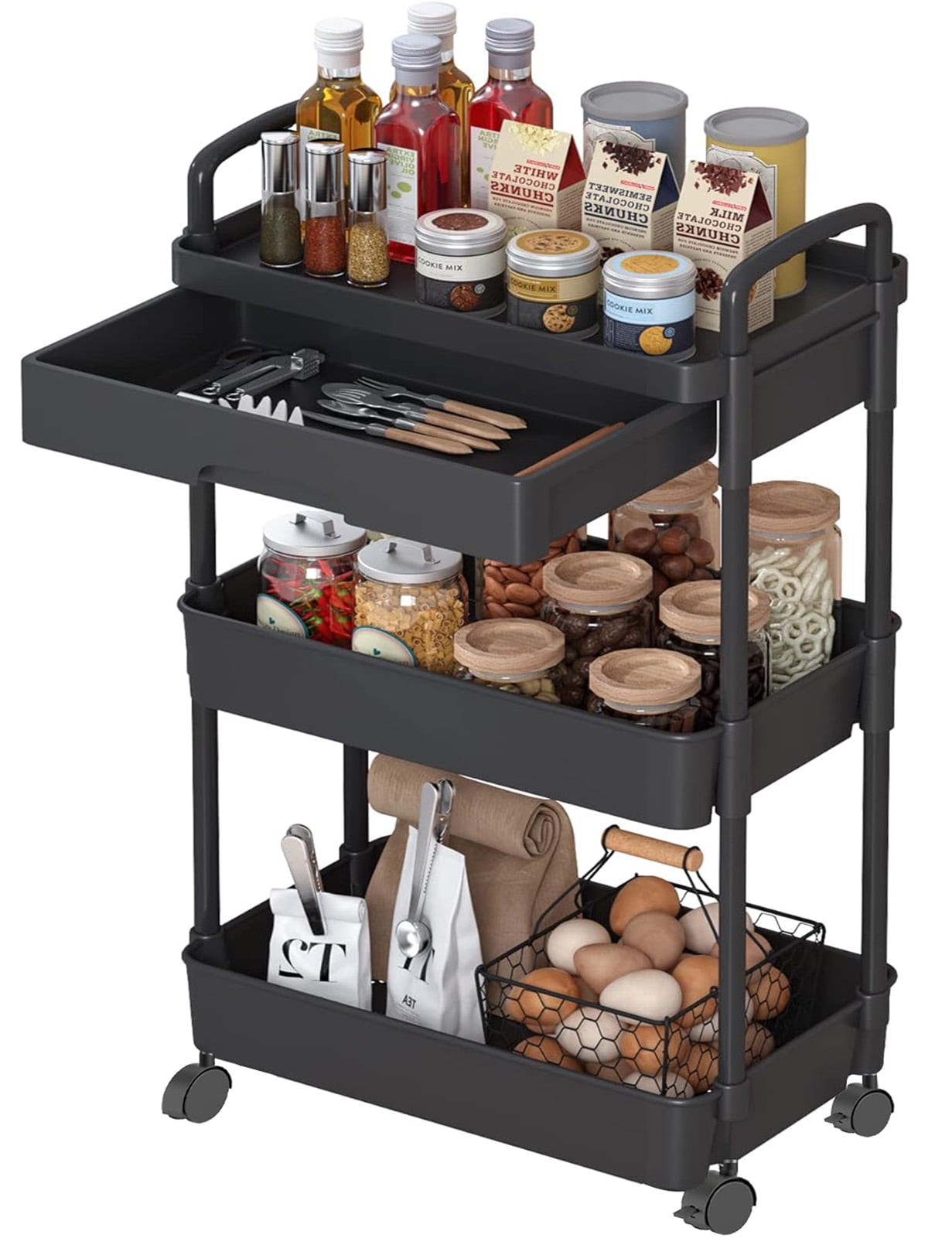 3-Tier Utility Rolling Cart,RLUETIME Mobile Utility Cart with Drawer ...