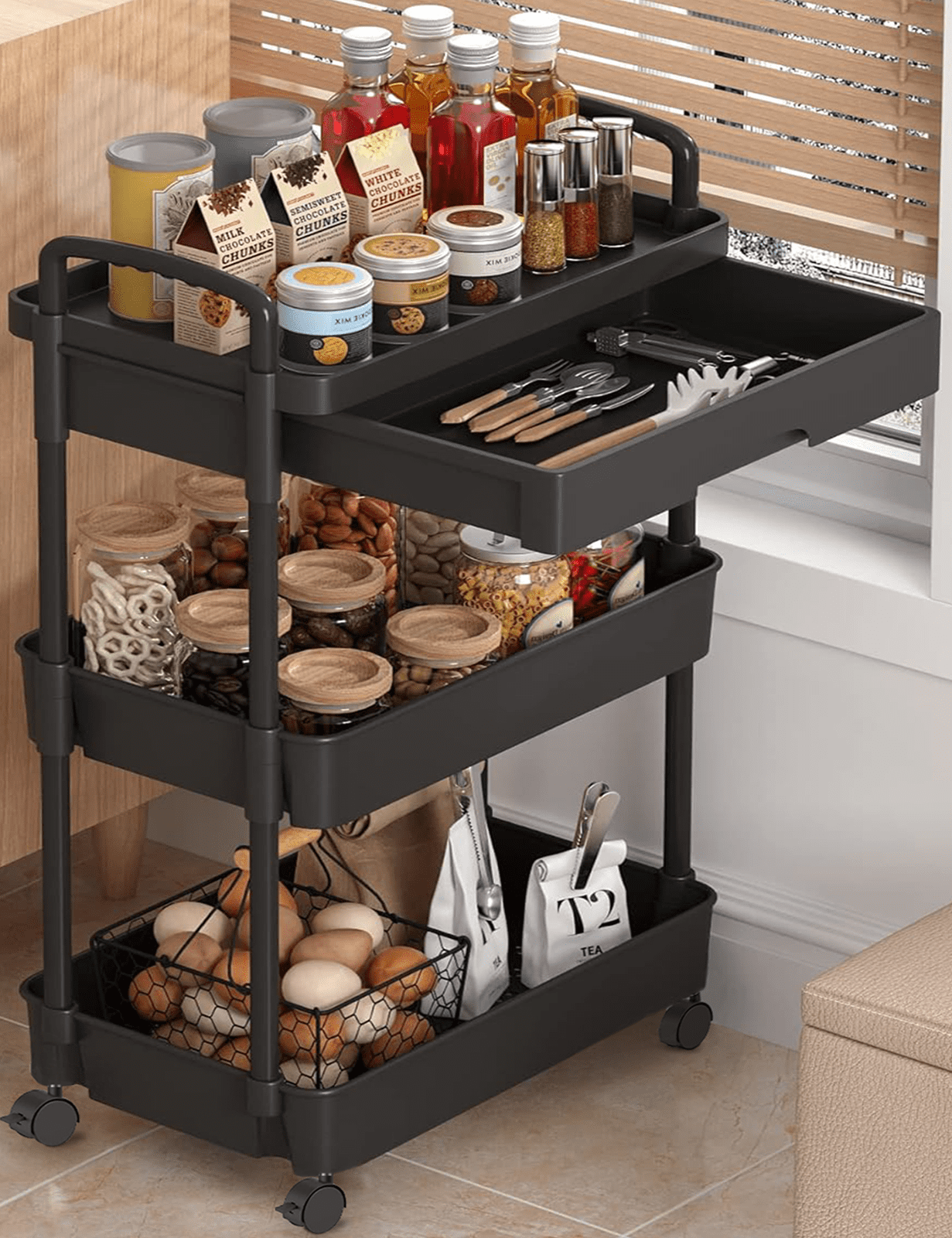 RLUETIME 3-Tier Utility Rolling Cart, Portable Office Roller with