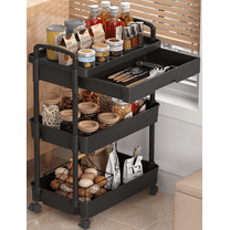 3-Tier Utility Rolling Cart,RLUETIME Mobile Utility Cart with Drawer,Storage Shelves Organizer Cart, Black