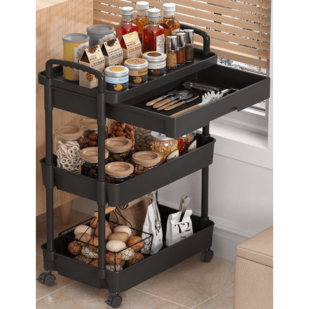 3-Tier Utility Rolling Cart,RLUETIME Mobile Utility Cart with Drawer,Storage Shelves Organizer Cart, Black